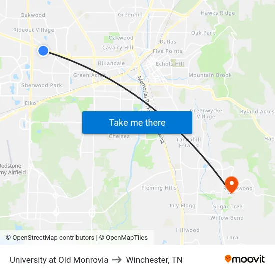 University at Old Monrovia to Winchester, TN map