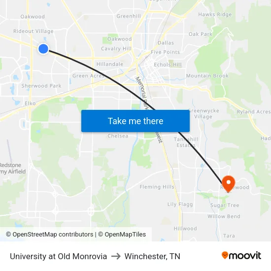 University at Old Monrovia to Winchester, TN map