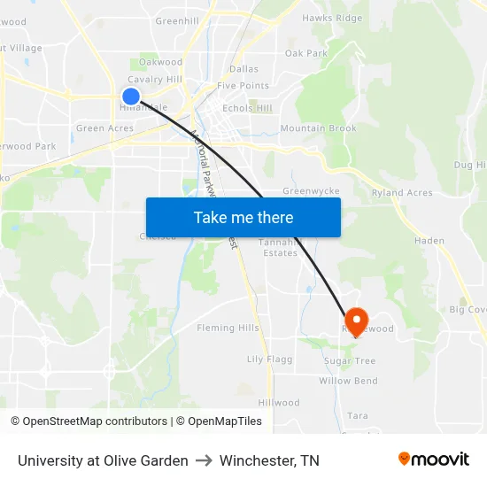 University at Olive Garden to Winchester, TN map