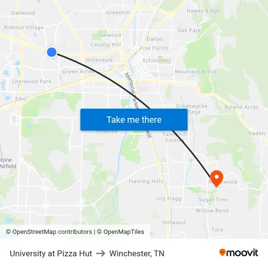University at Pizza Hut to Winchester, TN map