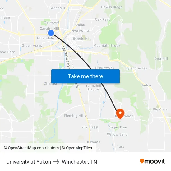 University at Yukon to Winchester, TN map