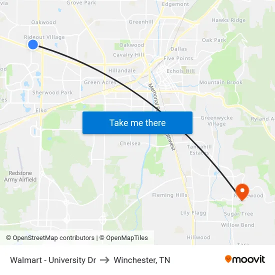 Walmart - University Dr to Winchester, TN map