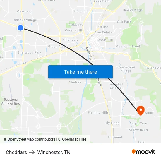Cheddars to Winchester, TN map