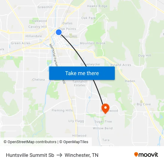 Huntsville Summit Sb to Winchester, TN map