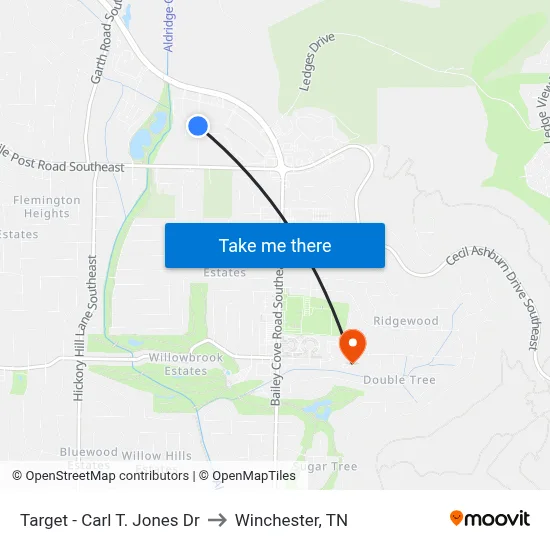 Target - Carl T. Jones Dr to Winchester, TN map