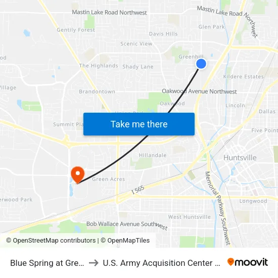 Blue Spring at Greenhill Nb to U.S. Army Acquisition Center Of Excellence map