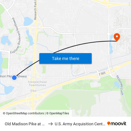 Old Madison Pike at Research Park to U.S. Army Acquisition Center Of Excellence map