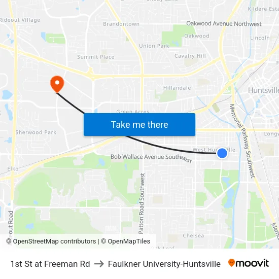 1st St at Freeman Rd to Faulkner University-Huntsville map