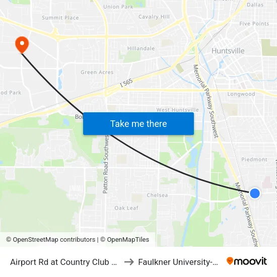 Airport Rd at Country Club Apartments to Faulkner University-Huntsville map