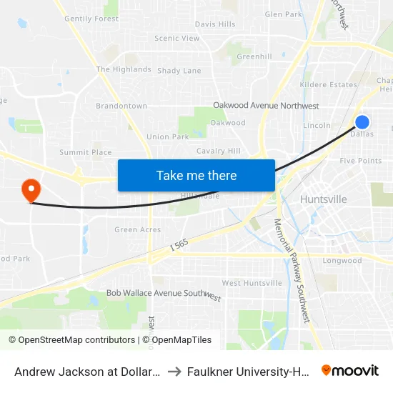 Andrew Jackson at Dollar General to Faulkner University-Huntsville map