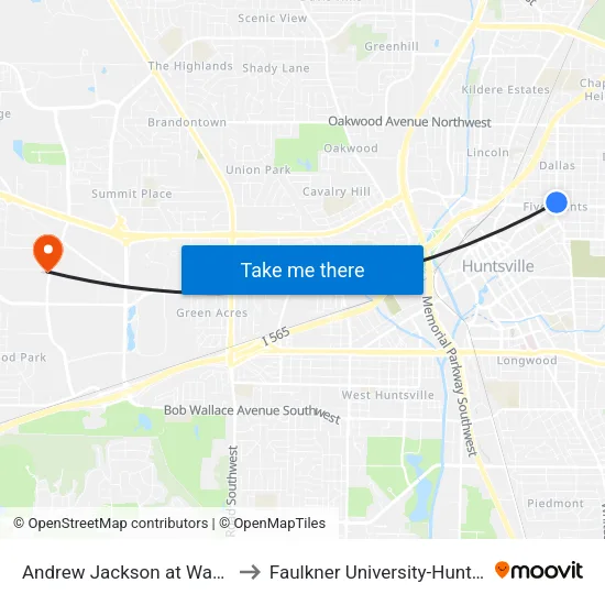 Andrew Jackson at Ward Nb to Faulkner University-Huntsville map