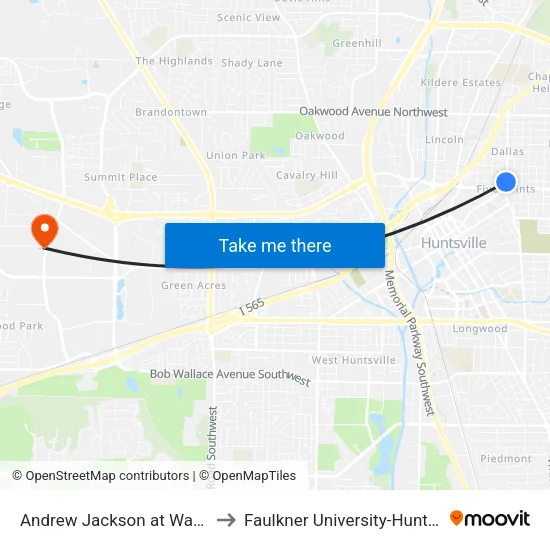 Andrew Jackson at Ward Sb to Faulkner University-Huntsville map