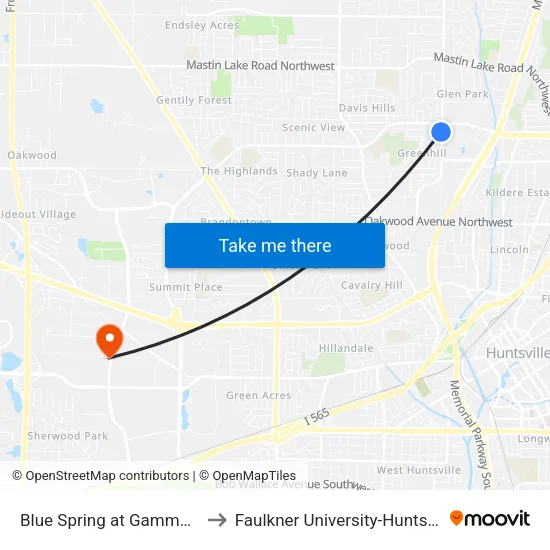 Blue Spring at Gamma Sb to Faulkner University-Huntsville map