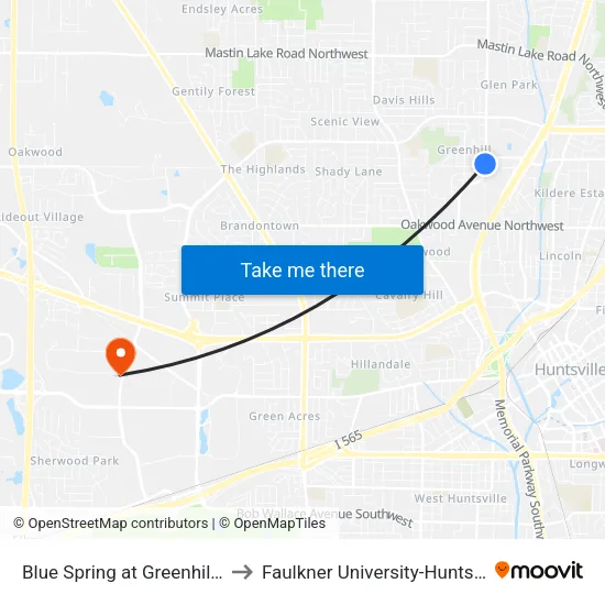 Blue Spring at Greenhill Sb to Faulkner University-Huntsville map