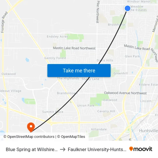 Blue Spring at Wilshire Nb to Faulkner University-Huntsville map