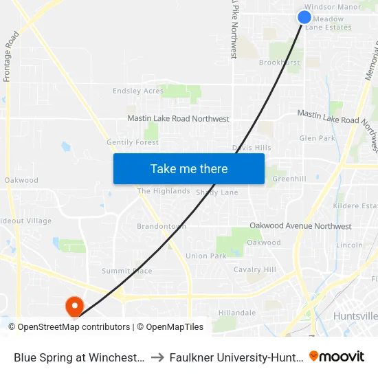 Blue Spring at Winchester Sb to Faulkner University-Huntsville map