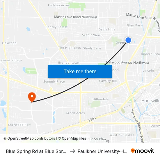 Blue Spring Rd at Blue Spring Cir Sb to Faulkner University-Huntsville map