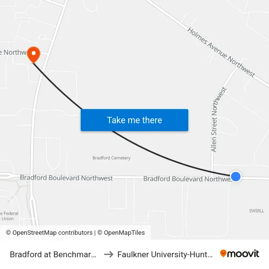 Bradford at Benchmark Wb to Faulkner University-Huntsville map