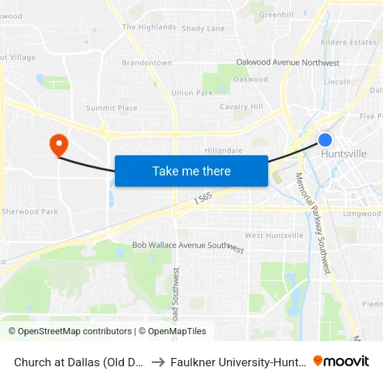 Church at Dallas (Old Depot) to Faulkner University-Huntsville map