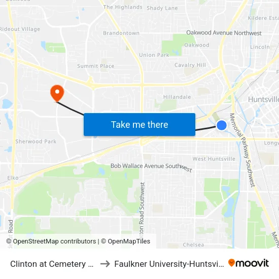 Clinton at Cemetery Nb to Faulkner University-Huntsville map