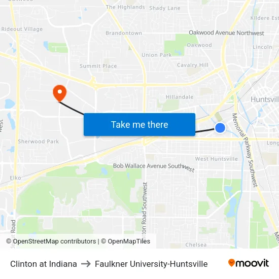 Clinton at Indiana to Faulkner University-Huntsville map