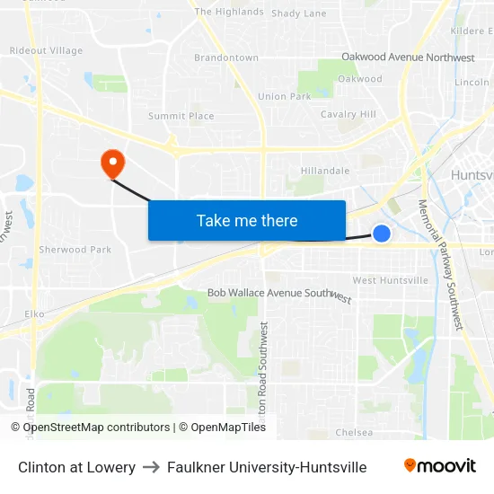 Clinton at Lowery to Faulkner University-Huntsville map