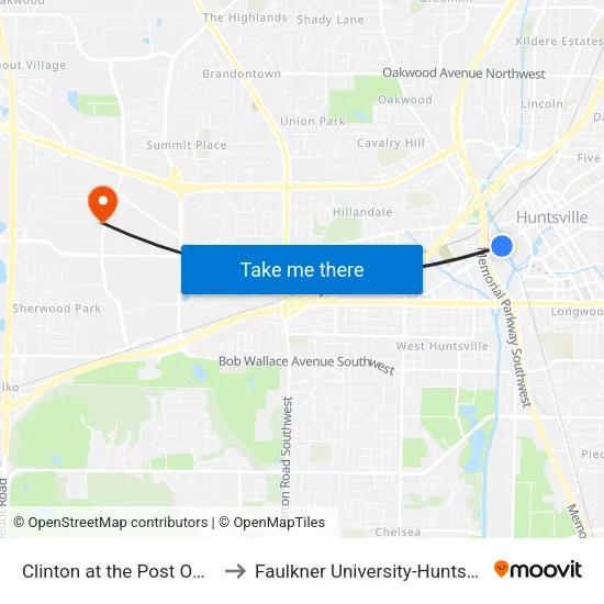 Clinton at the Post Office to Faulkner University-Huntsville map
