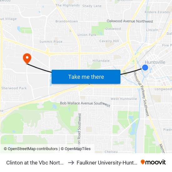 Clinton at the Vbc North Hall to Faulkner University-Huntsville map