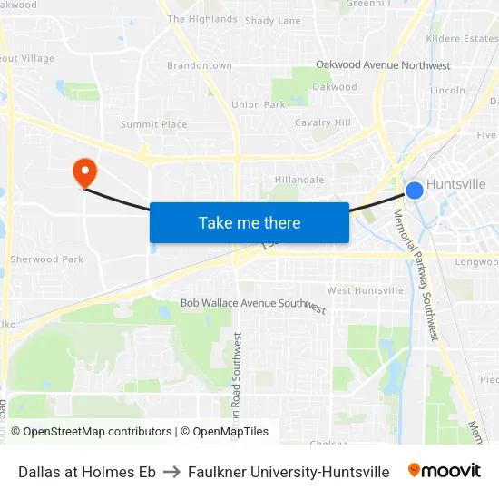 Dallas at Holmes Eb to Faulkner University-Huntsville map