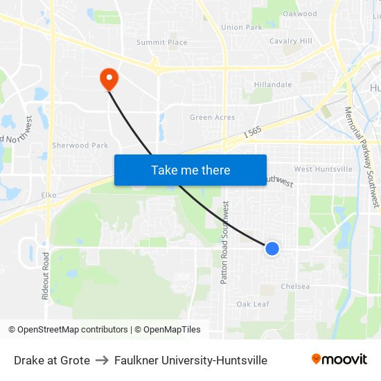 Drake at Grote to Faulkner University-Huntsville map