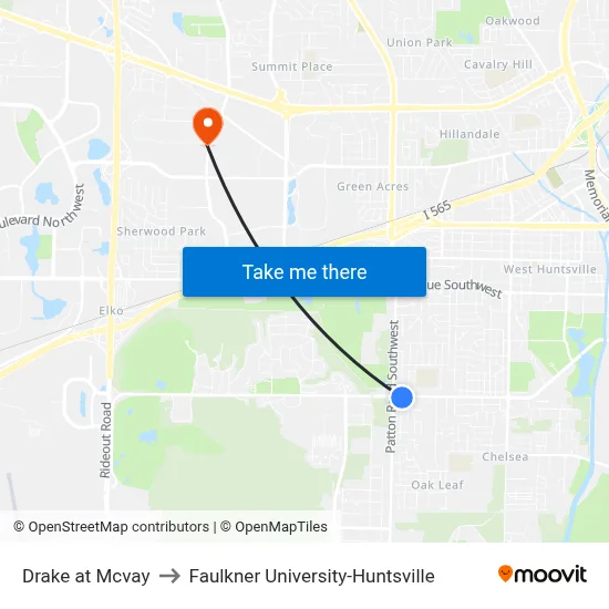 Drake at Mcvay to Faulkner University-Huntsville map