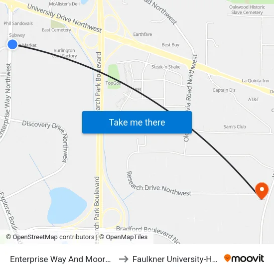 Enterprise Way And Moore Farm Ln to Faulkner University-Huntsville map