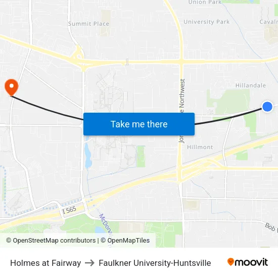 Holmes at Fairway to Faulkner University-Huntsville map
