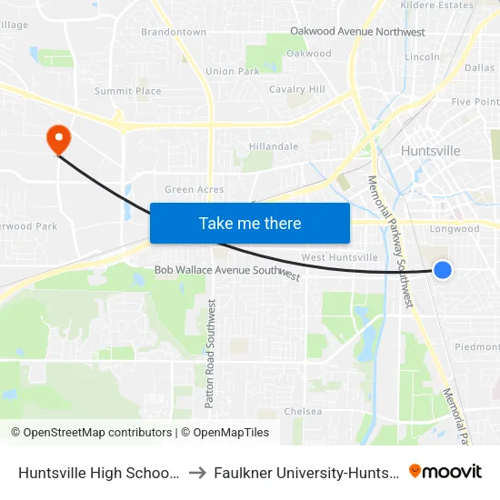 Huntsville High School Eb to Faulkner University-Huntsville map