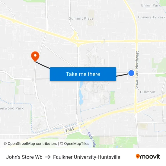 John's Store Wb to Faulkner University-Huntsville map