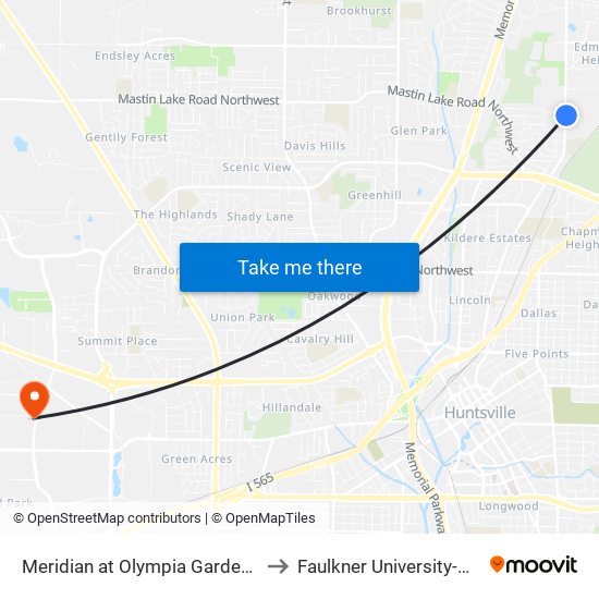 Meridian at Olympia Gardens Apts Nb to Faulkner University-Huntsville map