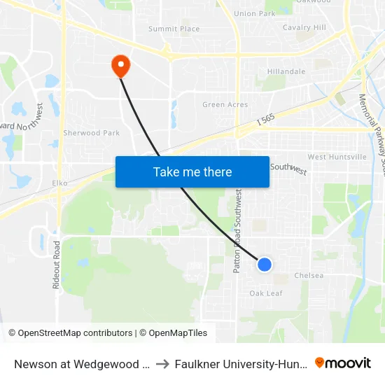 Newson at Wedgewood Court to Faulkner University-Huntsville map