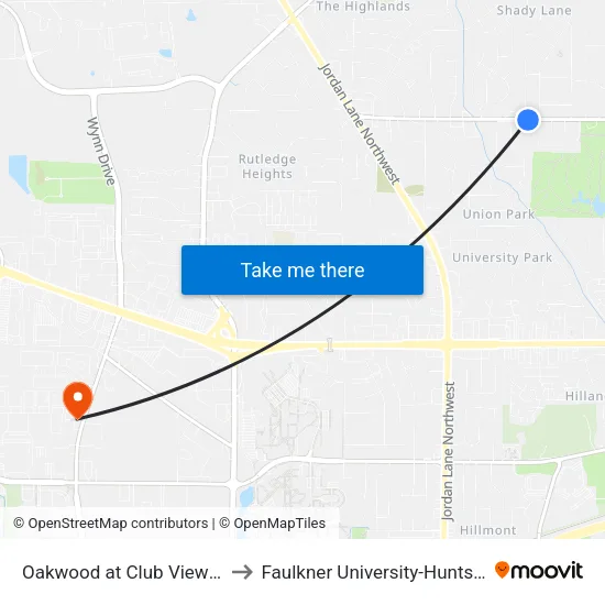 Oakwood at Club View Wb to Faulkner University-Huntsville map
