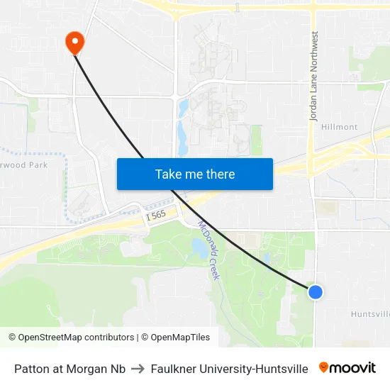 Patton at Morgan Nb to Faulkner University-Huntsville map