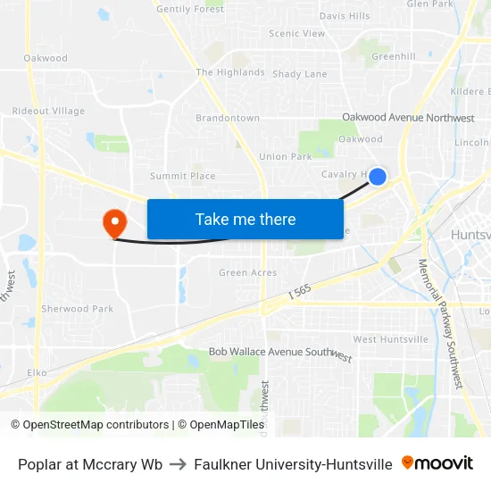 Poplar at Mccrary Wb to Faulkner University-Huntsville map