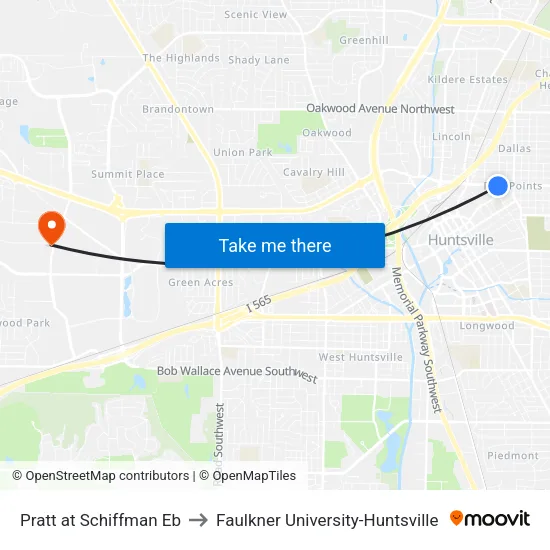 Pratt at Schiffman Eb to Faulkner University-Huntsville map