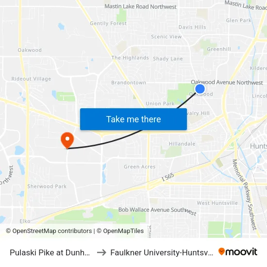 Pulaski Pike at Dunham to Faulkner University-Huntsville map