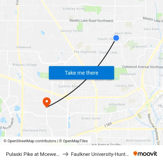 Pulaski Pike at Mcewen Sb to Faulkner University-Huntsville map