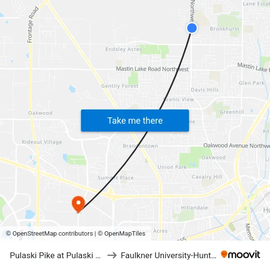 Pulaski Pike at Pulaski Ct Nb to Faulkner University-Huntsville map
