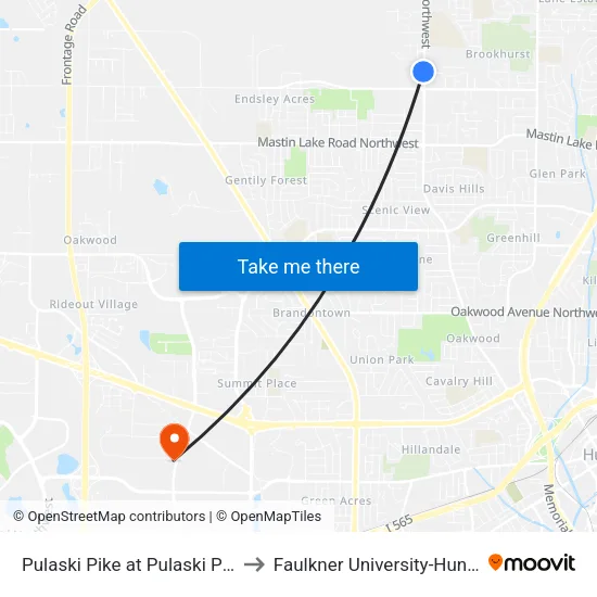 Pulaski Pike at Pulaski Pike Sb to Faulkner University-Huntsville map
