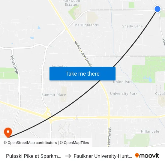 Pulaski Pike at Sparkman Sb to Faulkner University-Huntsville map
