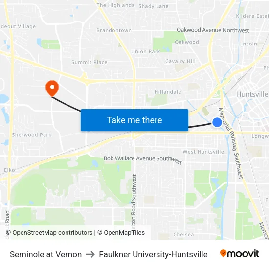 Seminole at Vernon to Faulkner University-Huntsville map
