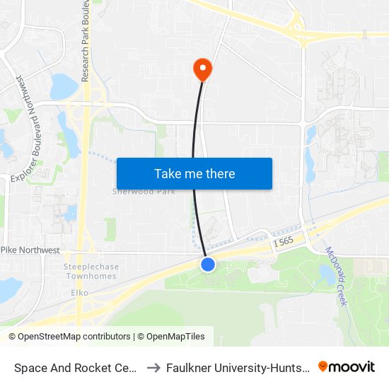 Space And Rocket Center to Faulkner University-Huntsville map