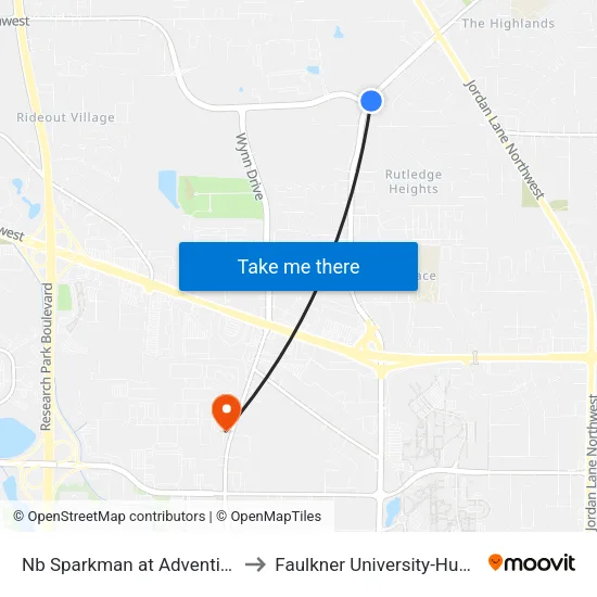 Nb Sparkman at Adventist Blvd to Faulkner University-Huntsville map