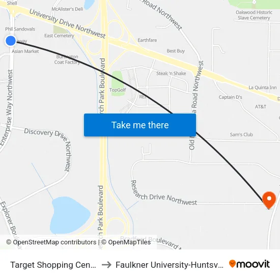 Target Shopping Center to Faulkner University-Huntsville map